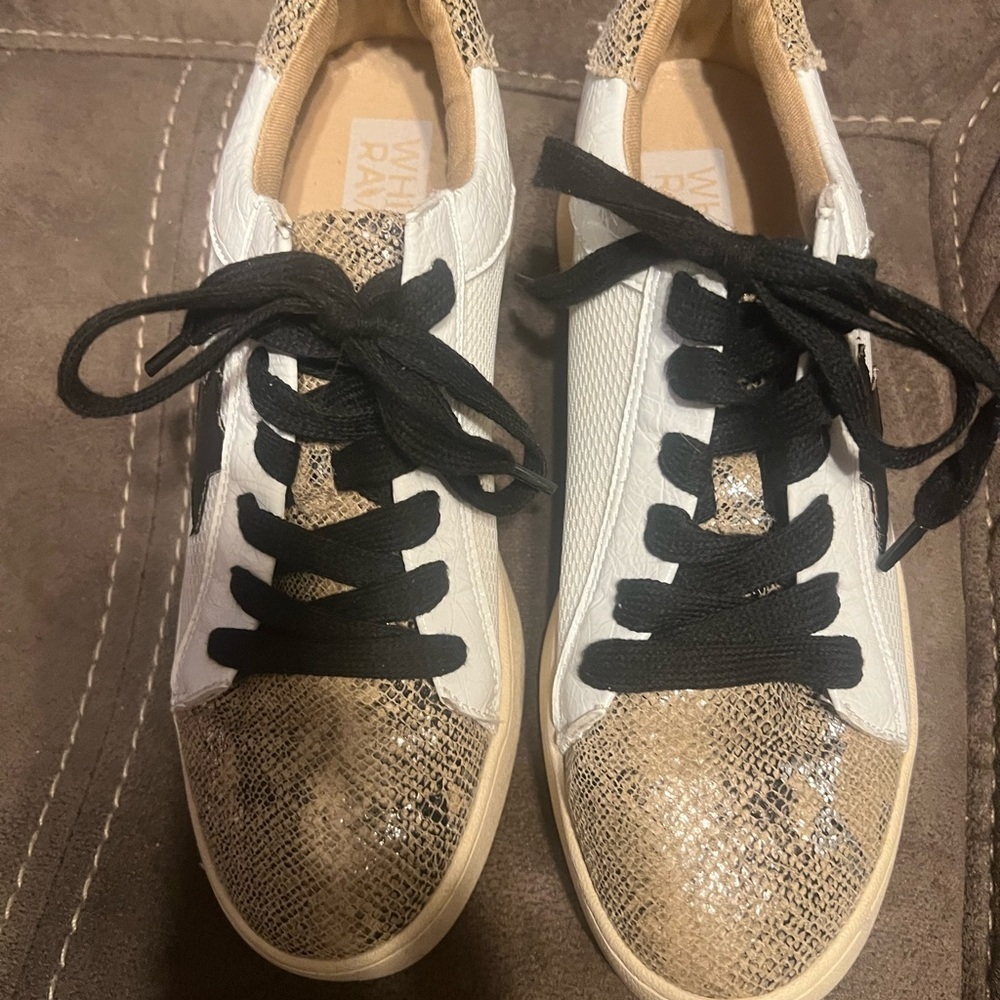 White and Tan Casual Sneakers with Flat Sole